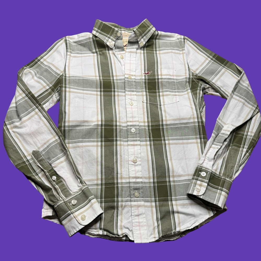 Hollister California Mens Shirt S Plaid Button Down Green White Cotton Logo